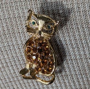 Vintage Gold Tone Citrine Rhinestone Cat Brooch